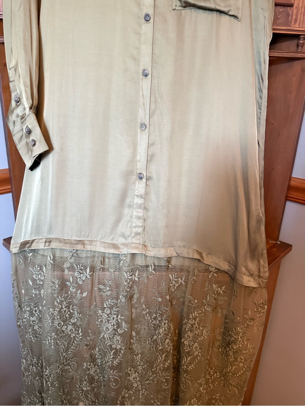 Anthropologie Lace Mix Twofer Satin Maxi Dress olive green satin button-down M - Picture 9 of 16